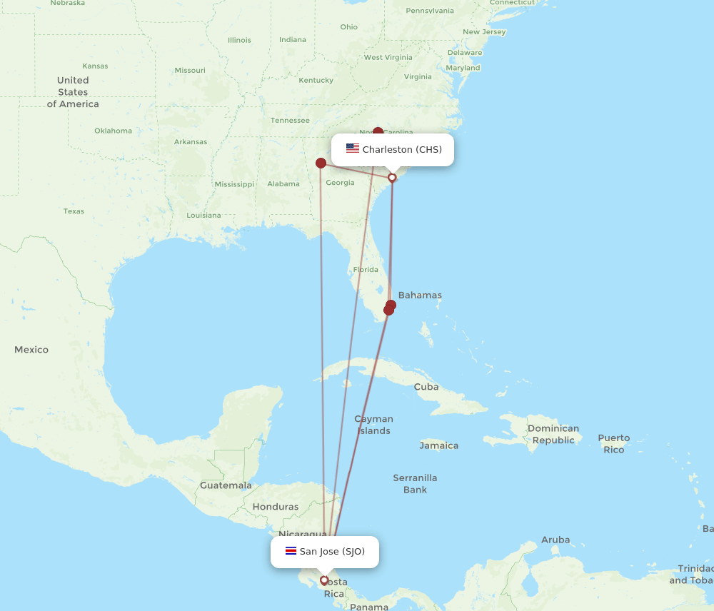 CHS to SJO flights and routes map