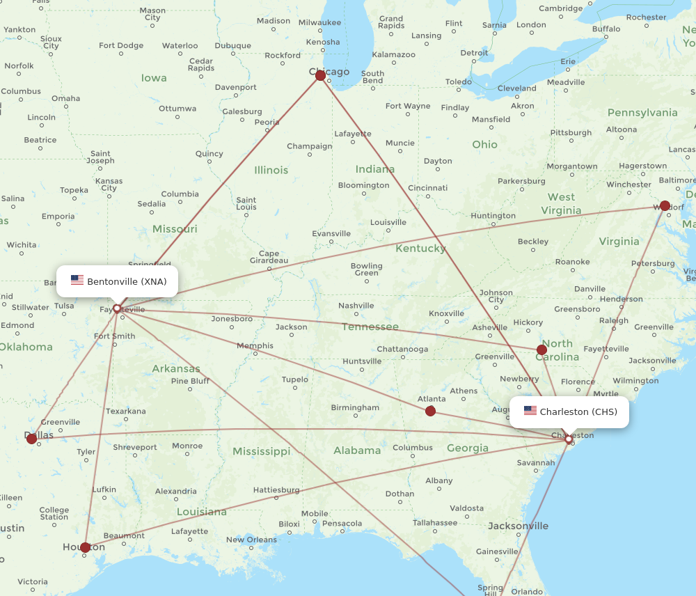 CHS to XNA flights and routes map