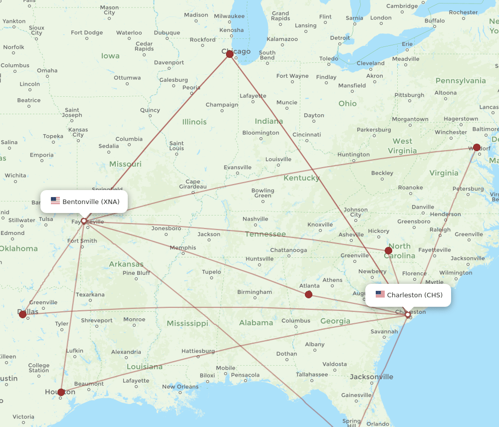 CHS-XNA flight routes