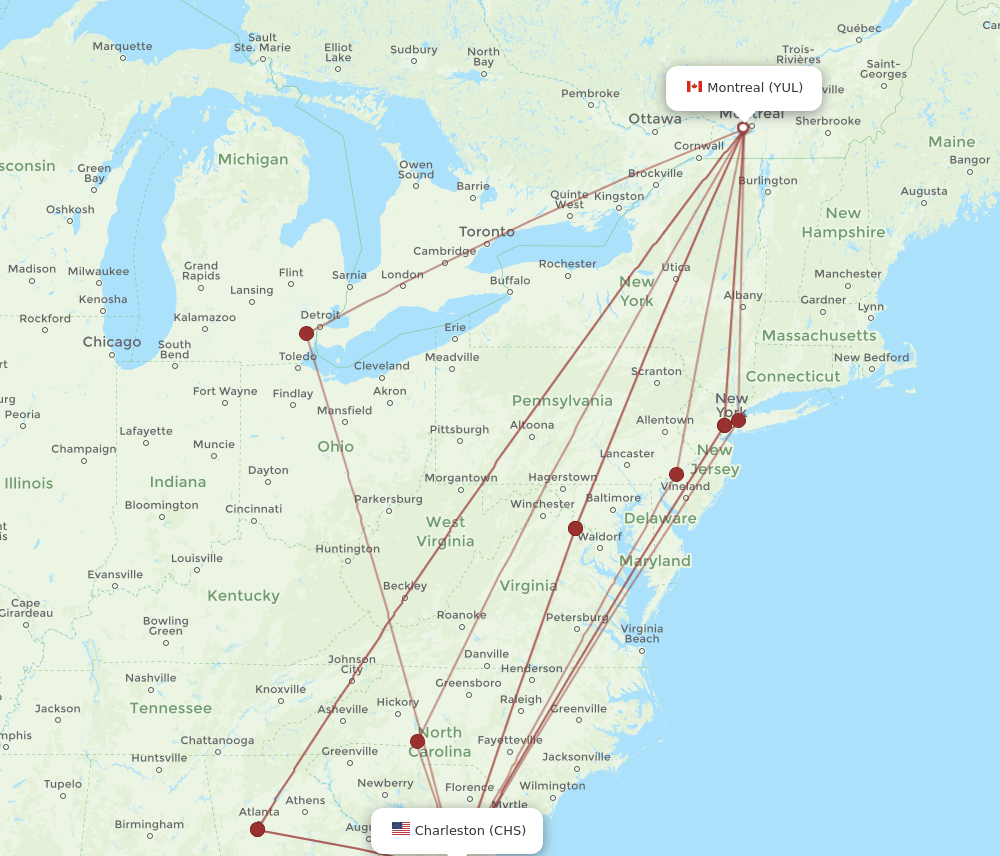 CHS-YUL flight routes