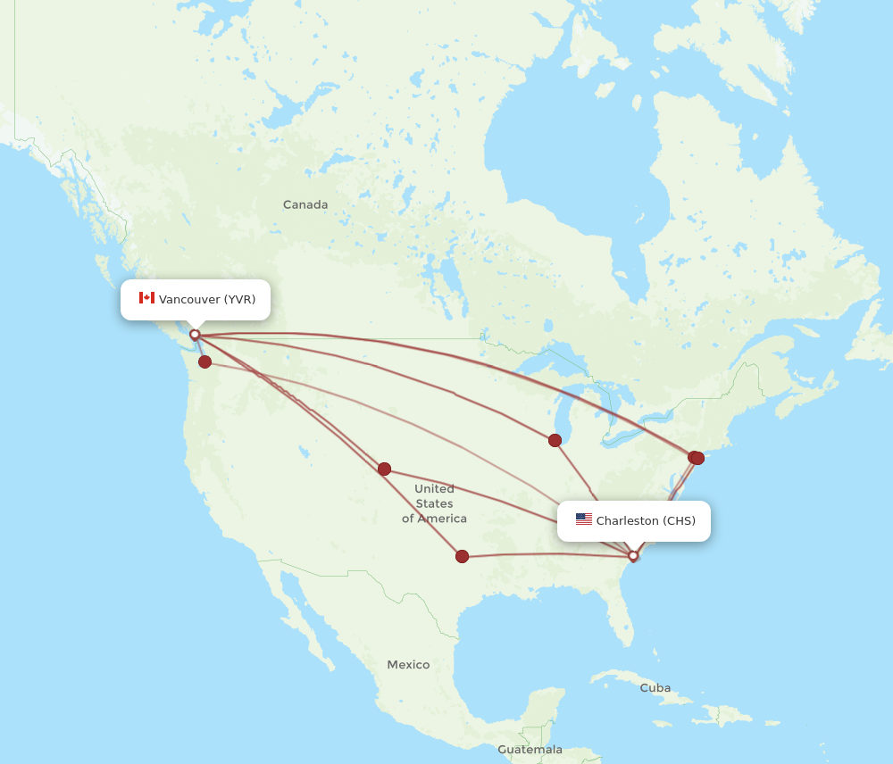 YVR to CHS flights and routes map
