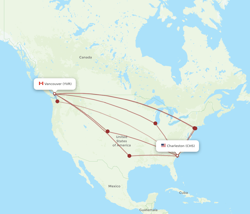 Vancouver - Charleston route map and flight paths