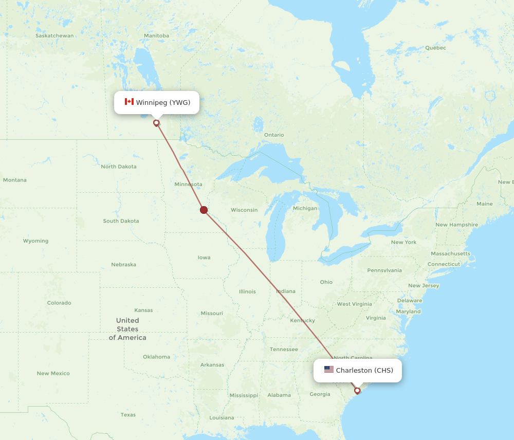 YWG to CHS flights and routes map