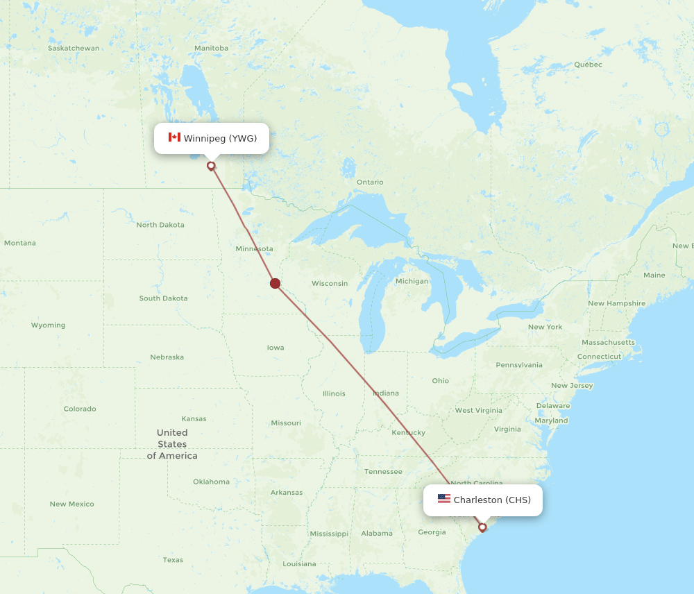 Winnipeg - Charleston route map and flight paths