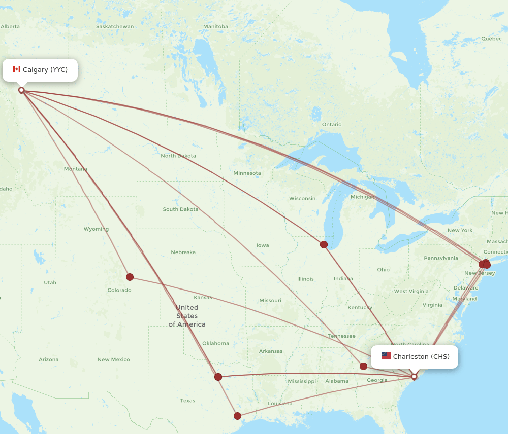 Calgary - Charleston route map and flight paths