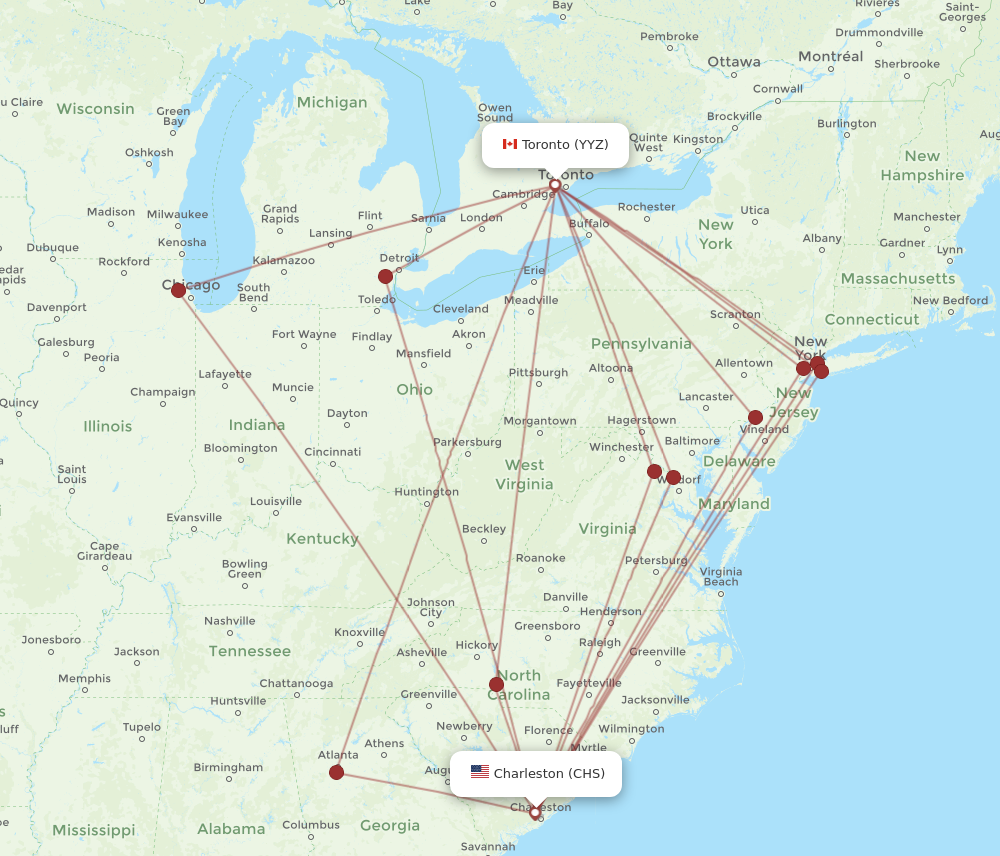YYZ to CHS flights and routes map