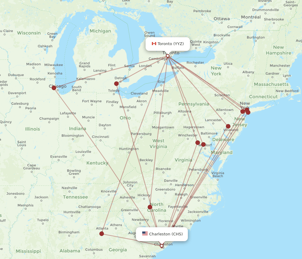 YYZ to CHS flights and routes map