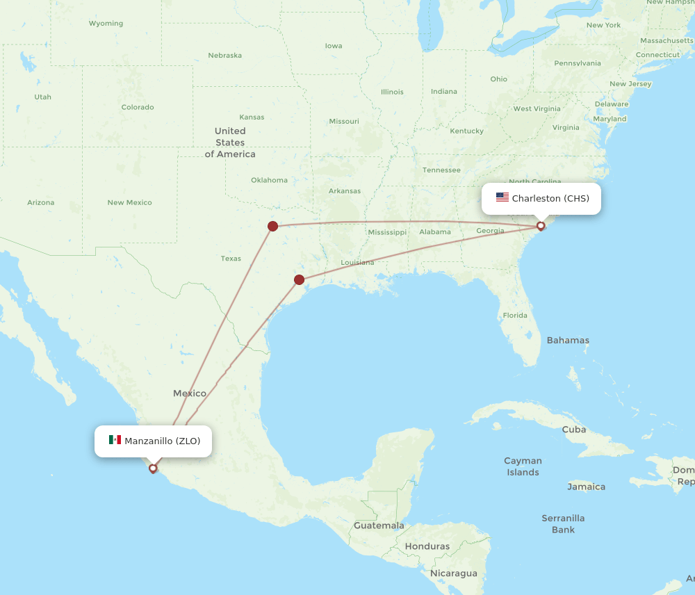 CHS to ZLO flights and routes map
