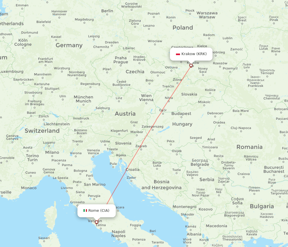 Rome - Krakow route map and flight paths