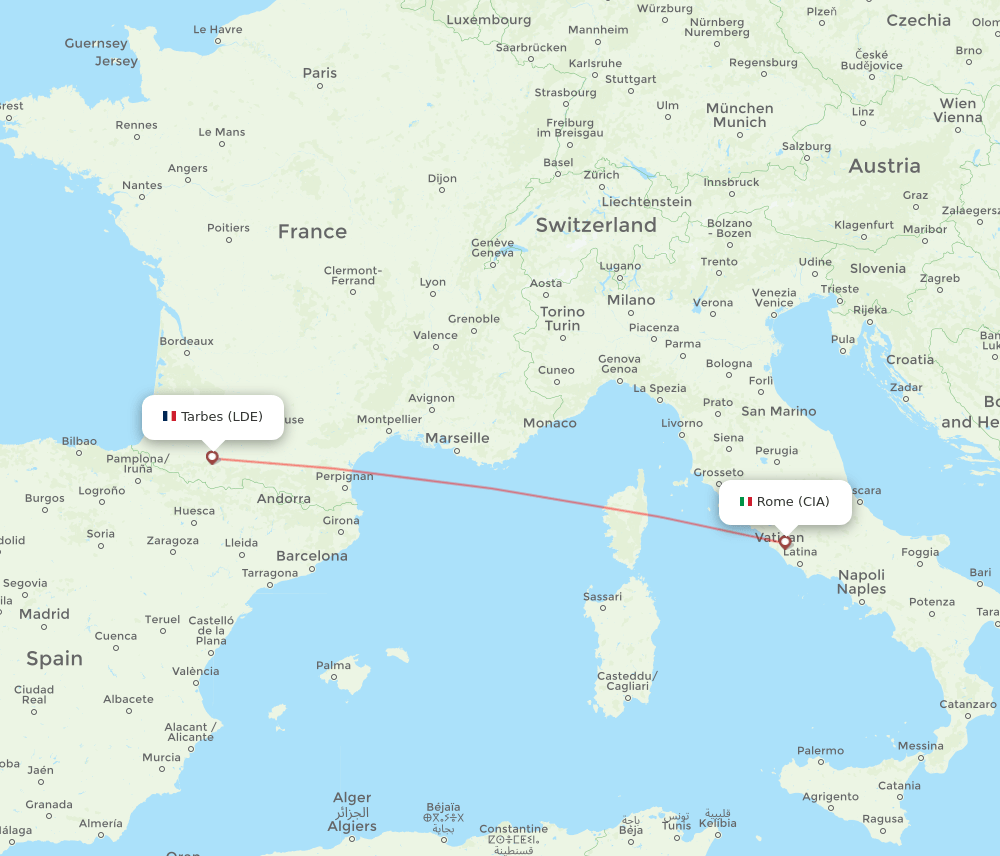 Rome - Lourdes route map and flight paths