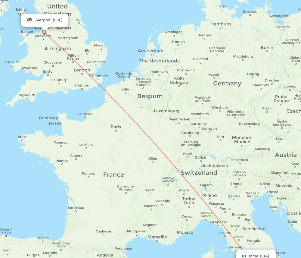 Rome - Liverpool route map and flight paths