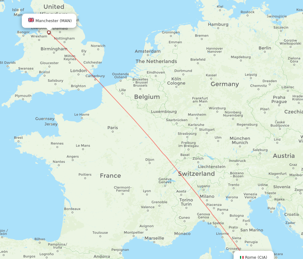 Rome - Manchester route map and flight paths