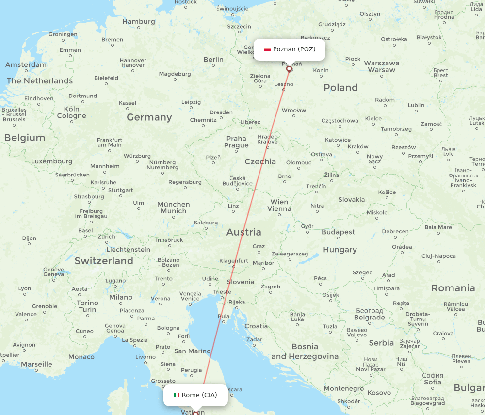 Rome - Poznan route map and flight paths