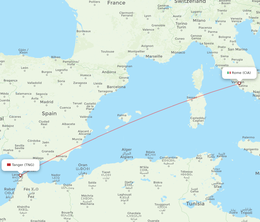 Rome - Tangier route map and flight paths