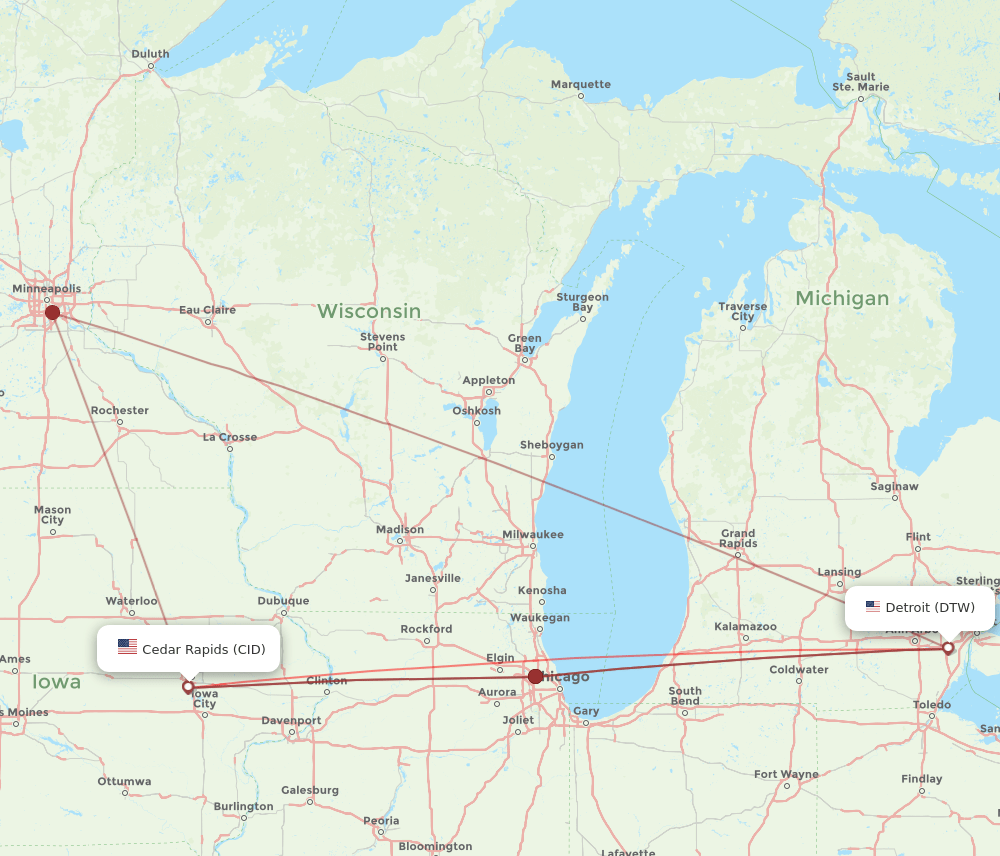 CID-DTW flight routes