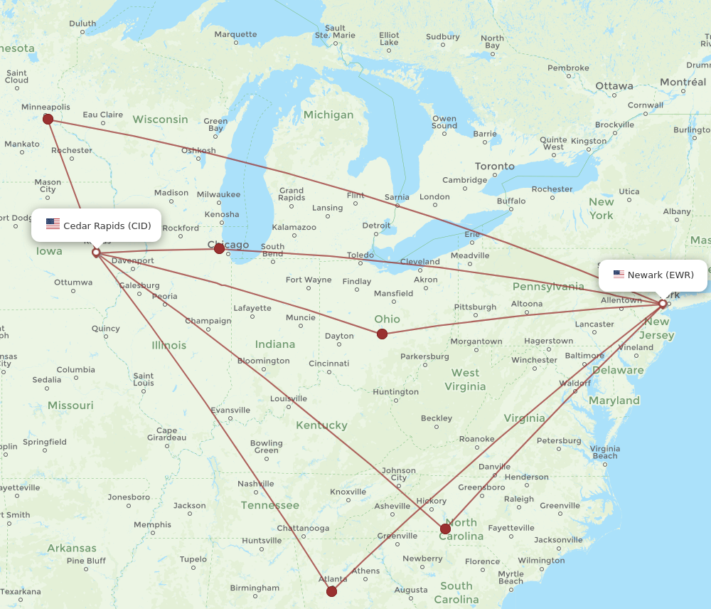 CID to EWR flights and routes map