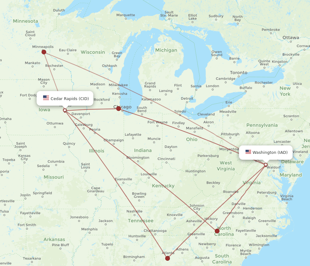 CID to IAD flights and routes map