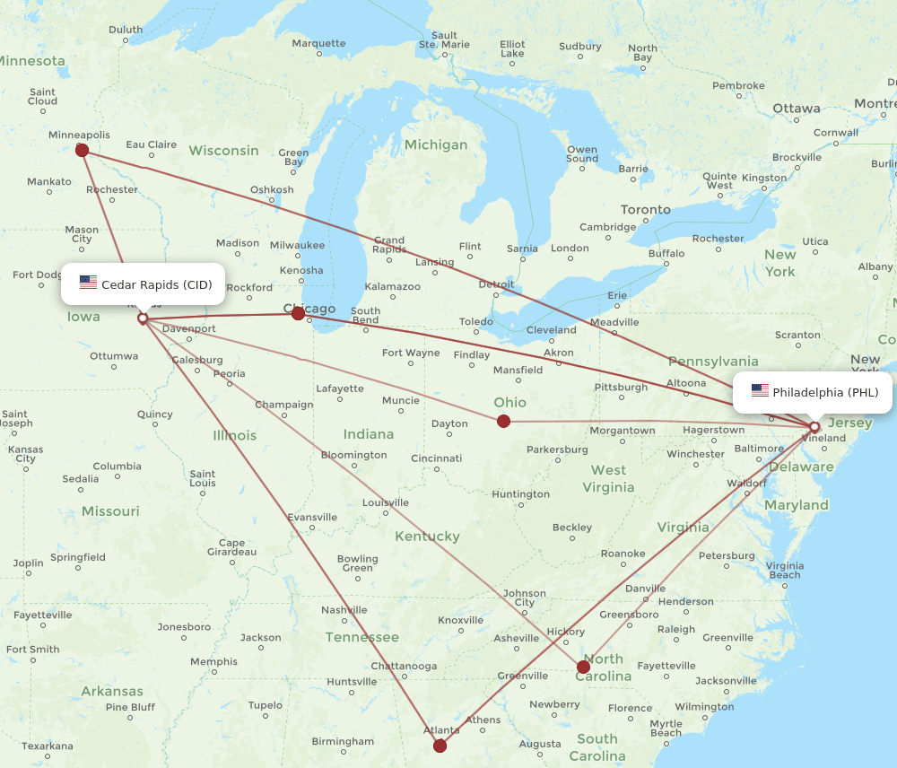 CID-PHL flight routes