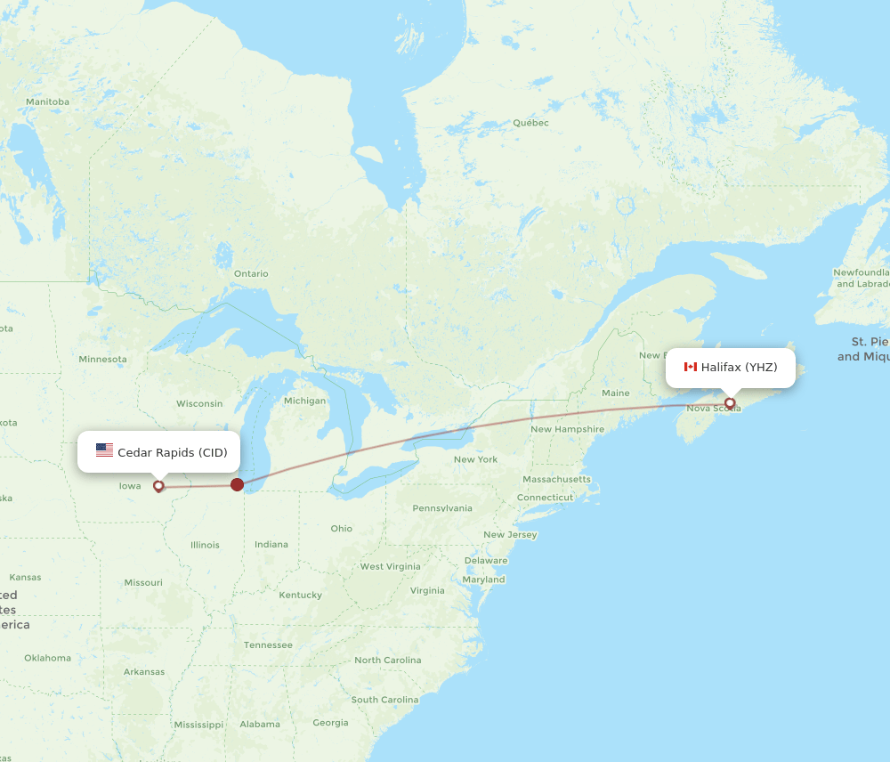 Halifax - Cedar Rapids route map and flight paths