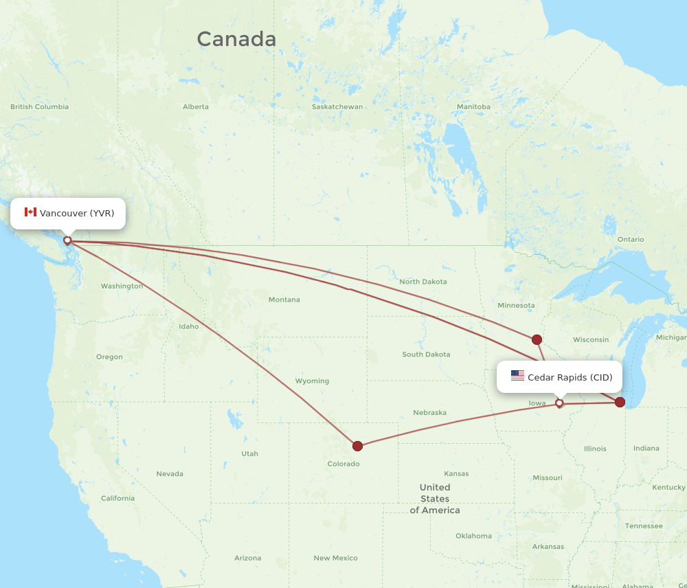 Vancouver - Cedar Rapids route map and flight paths