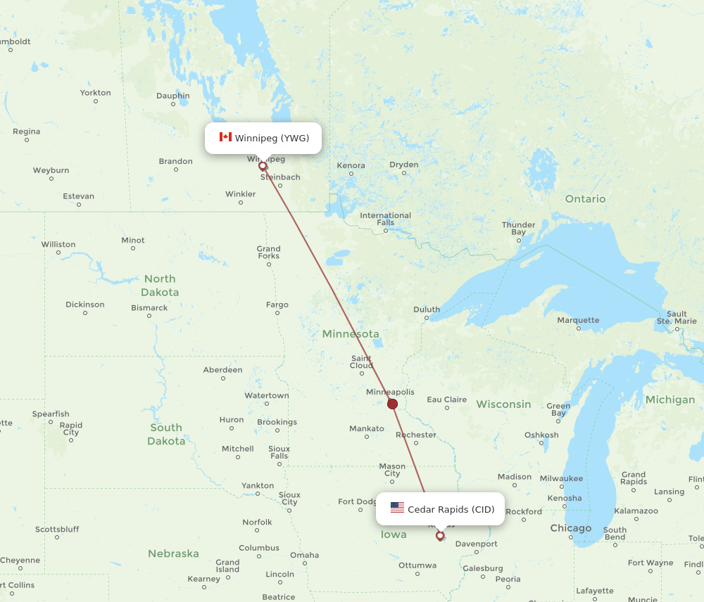 Winnipeg - Cedar Rapids route map and flight paths