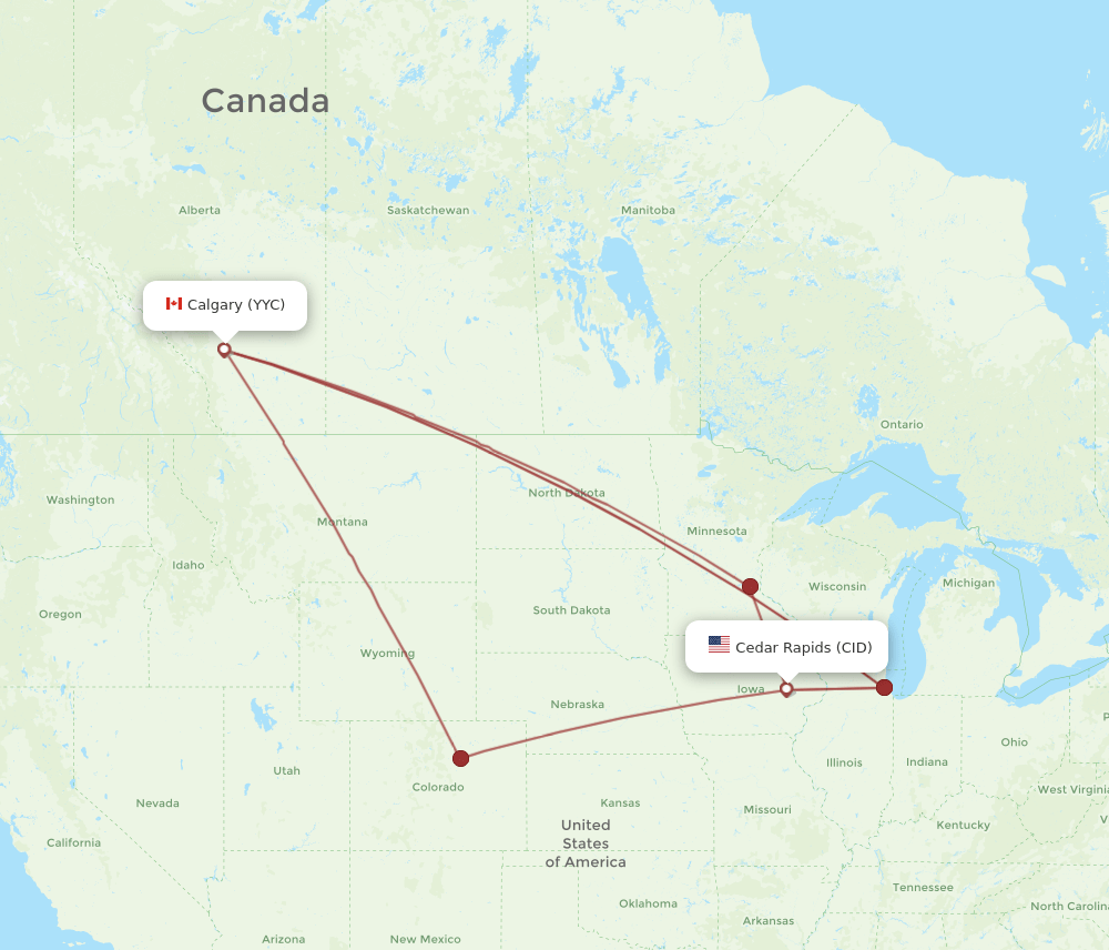 Calgary - Cedar Rapids route map and flight paths