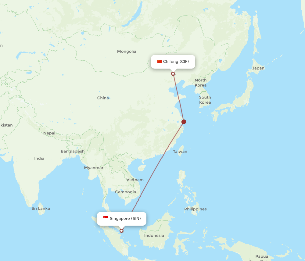 Singapore - Chifeng route map and flight paths