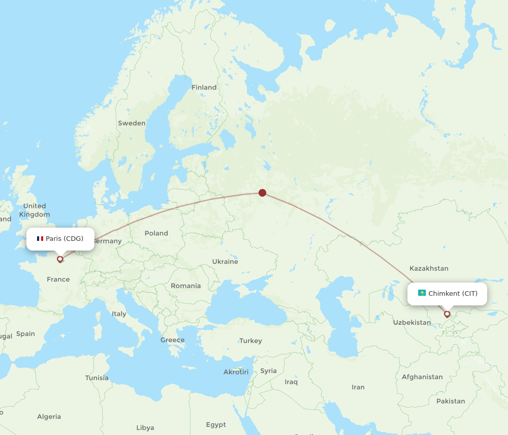 Paris - Shymkent route map and flight paths