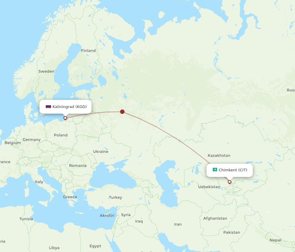 Kaliningrad - Shymkent route map and flight paths