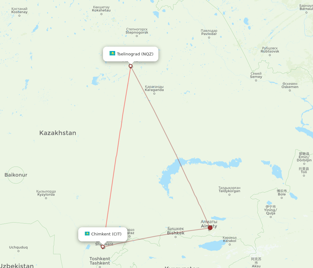 CIT to NQZ flights and routes map