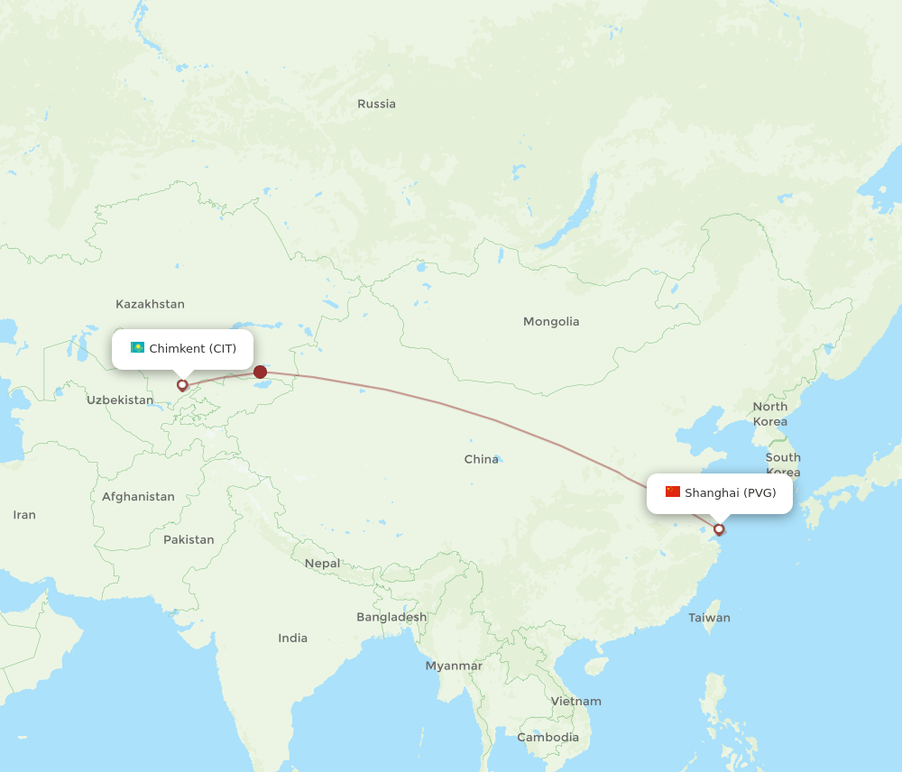 Shymkent - Shanghai route map and flight paths
