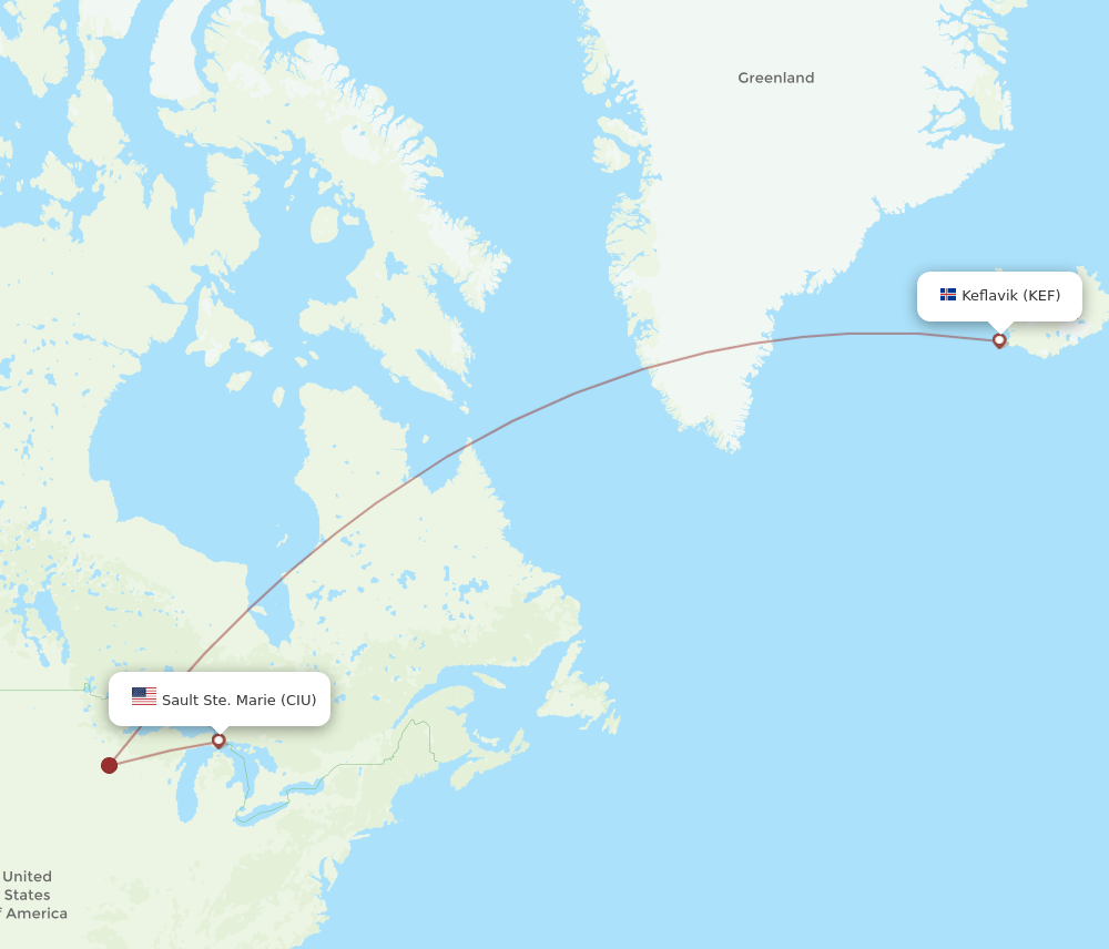 Reykjavik - Sault Ste. Marie route map and flight paths
