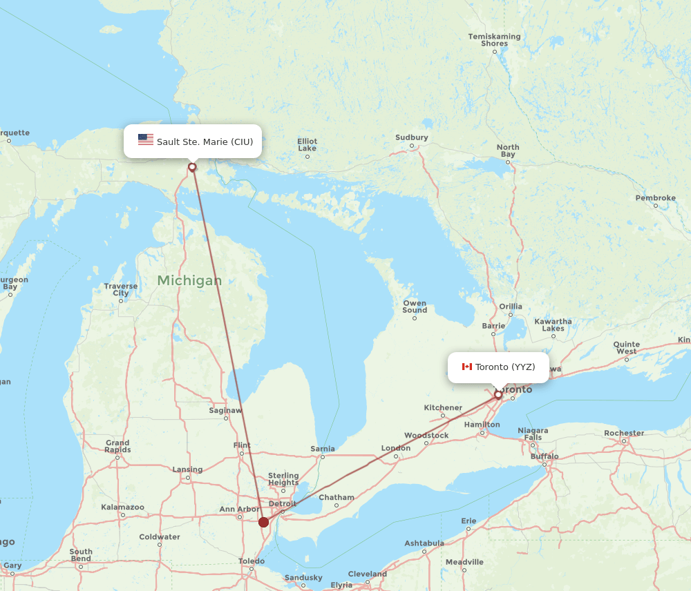 CIU to YYZ flights and routes map