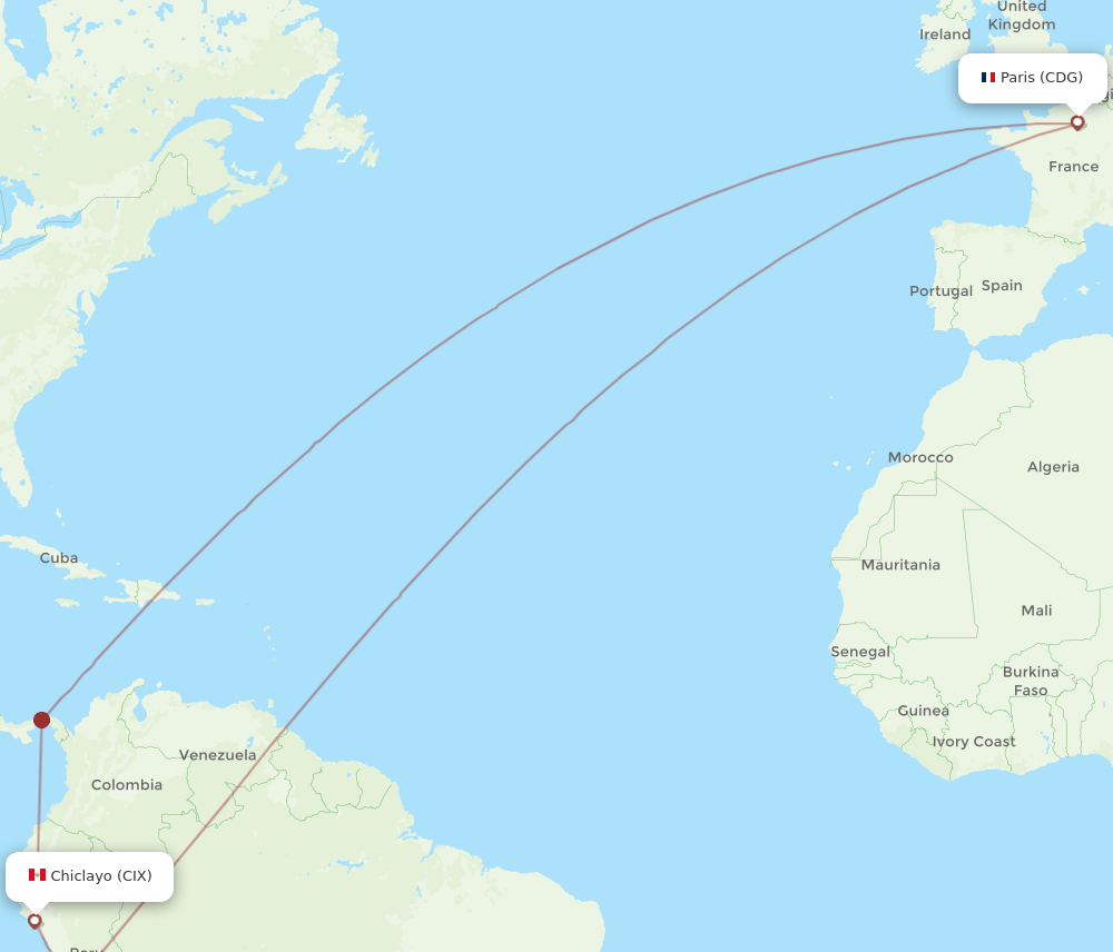 Paris - Chiclayo route map and flight paths