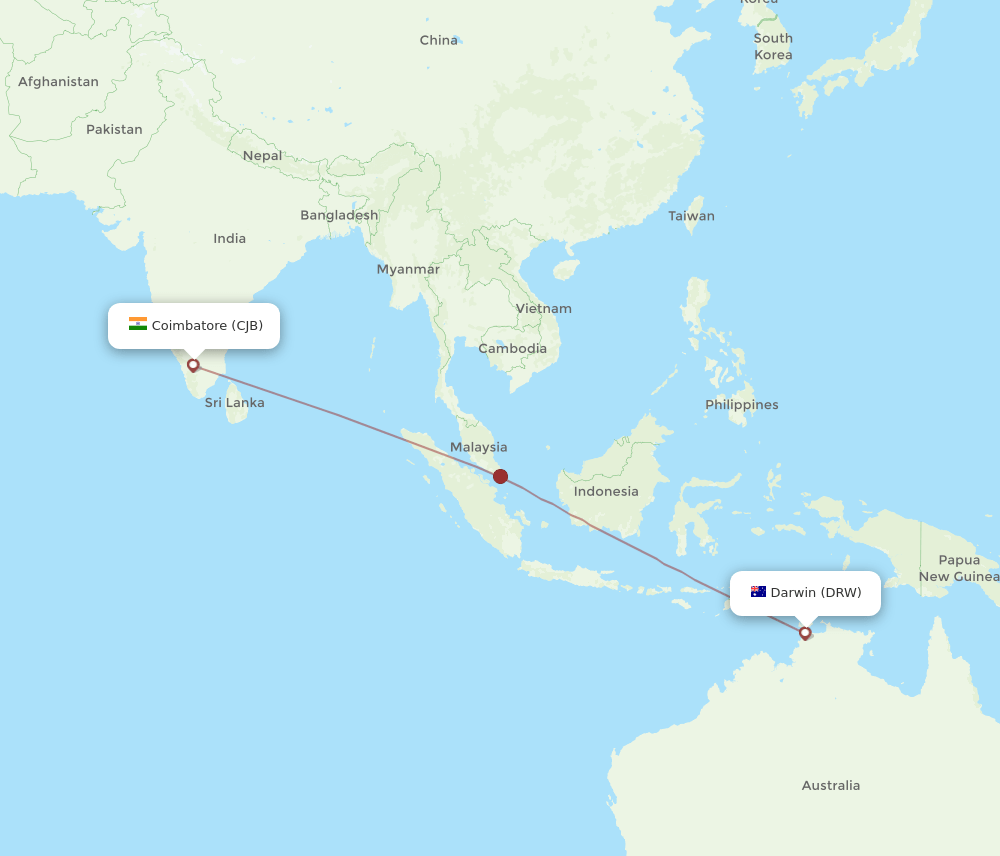 Darwin - Coimbatore route map and flight paths