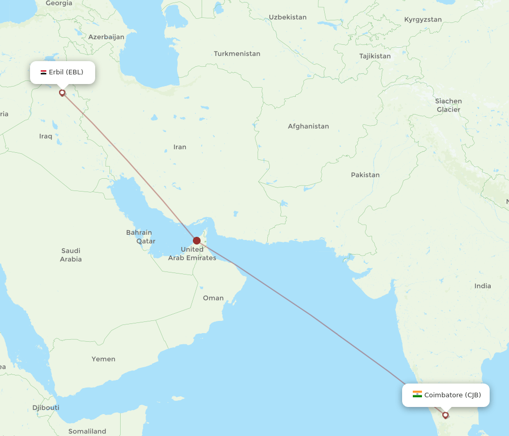 Erbil - Coimbatore route map and flight paths
