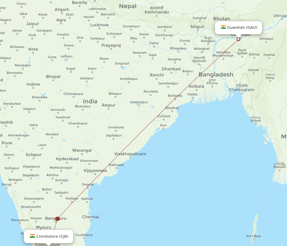 CJB to GAU flights and routes map