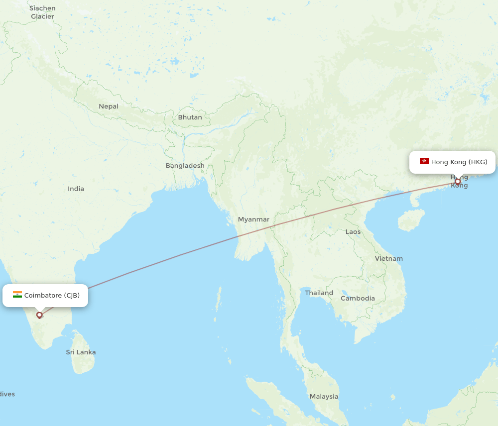 Coimbatore - Hong Kong route map and flight paths
