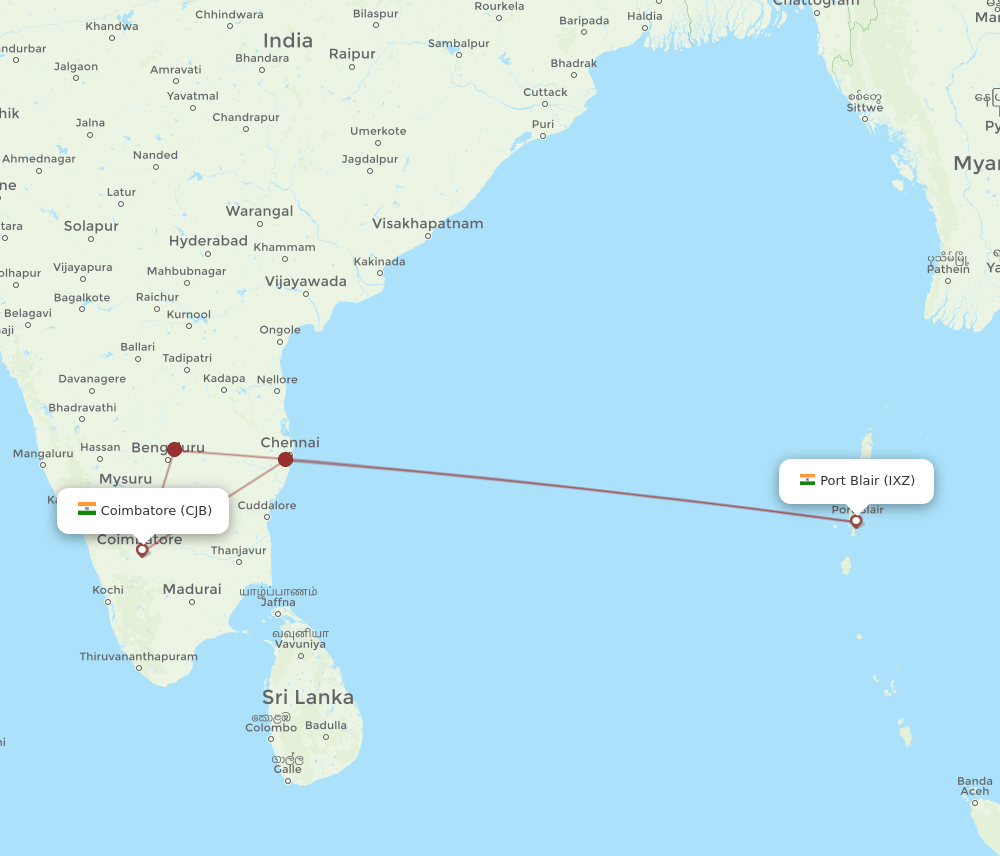 CJB to IXZ flights and routes map