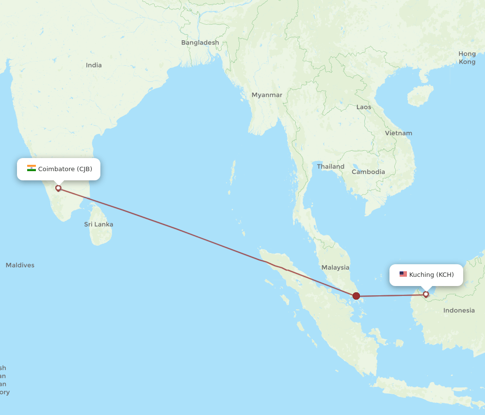 Kuching - Coimbatore route map and flight paths