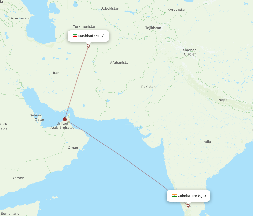Mashad - Coimbatore route map and flight paths