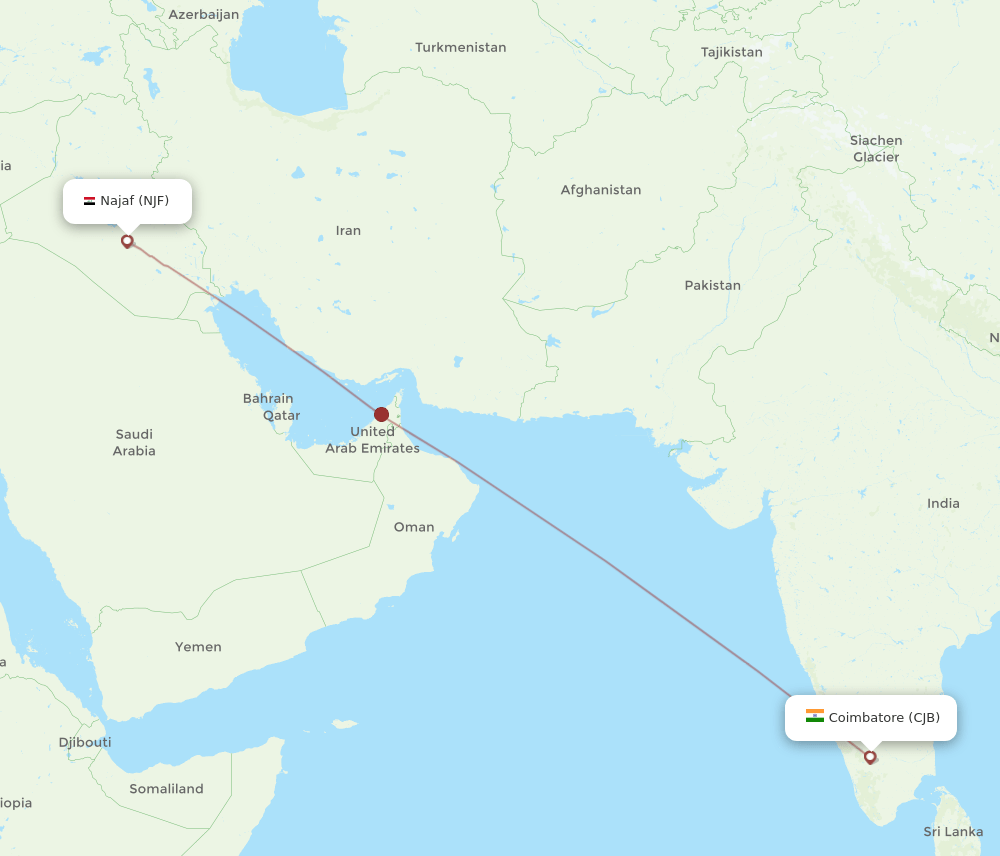 Al-Najaf - Coimbatore route map and flight paths