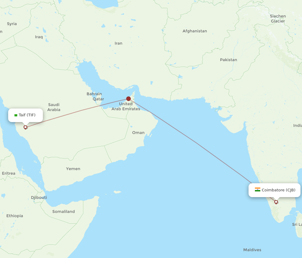Taif - Coimbatore route map and flight paths