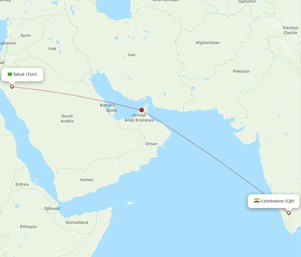 Tabuk - Coimbatore route map and flight paths