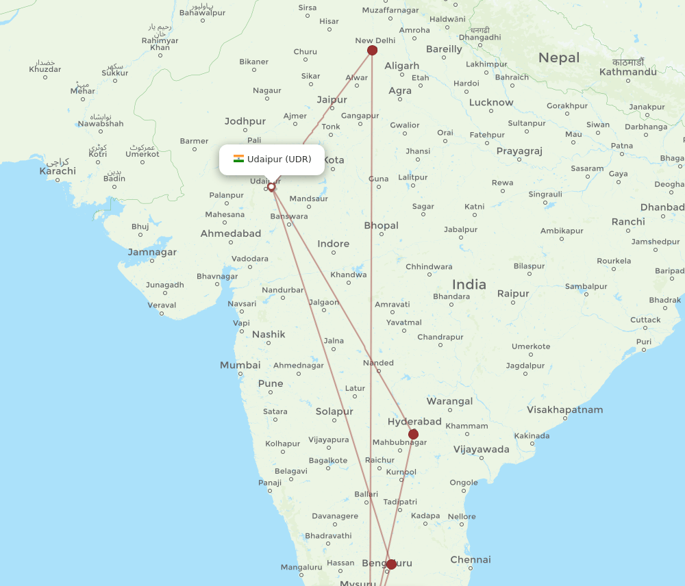 CJB to UDR flights and routes map
