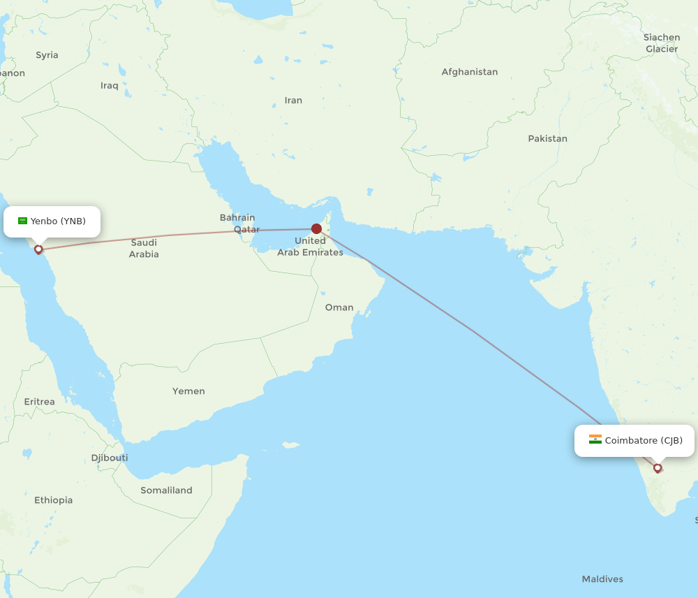 Yanbu - Coimbatore route map and flight paths