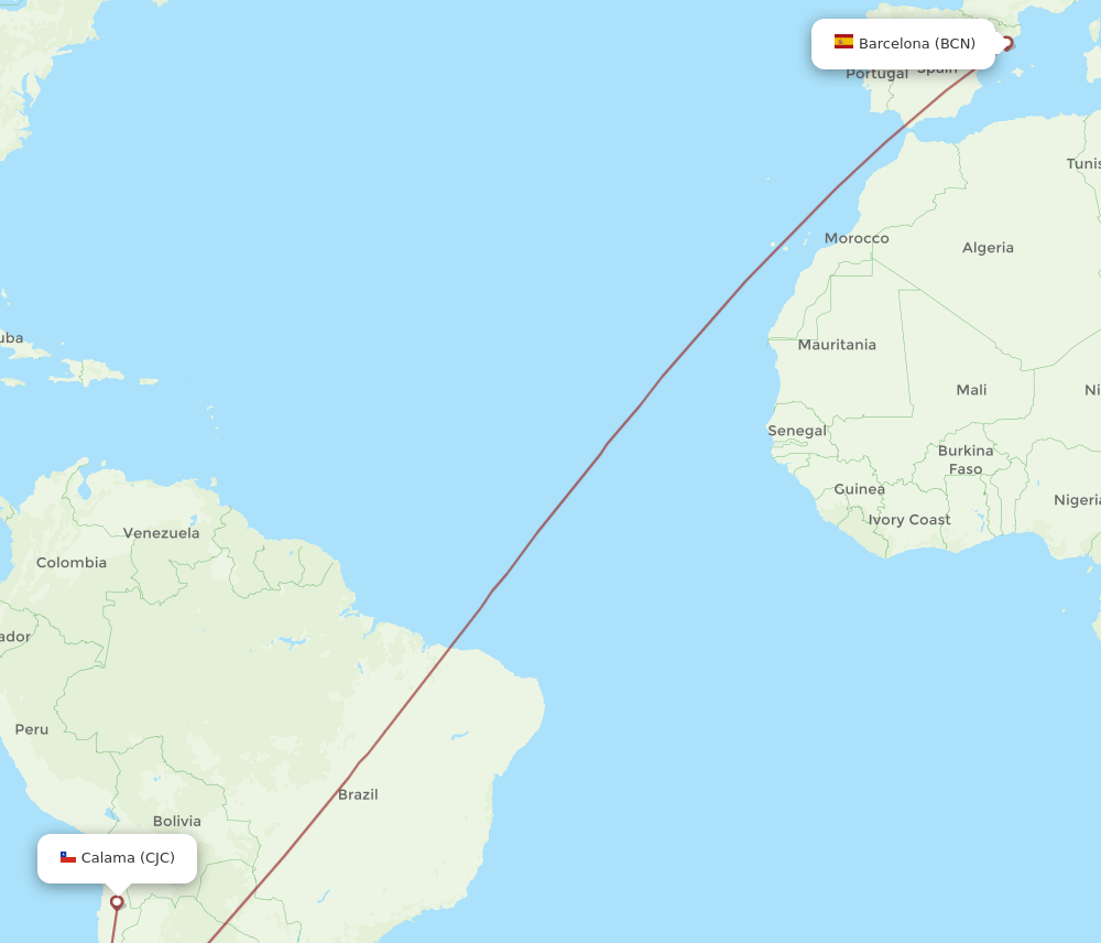 Barcelona - Calama route map and flight paths