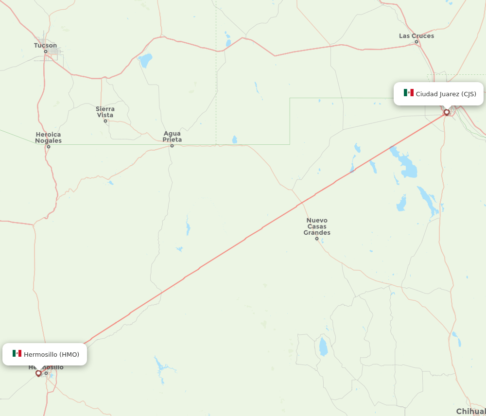 Ciudad Juarez - Hermosillo route map and flight paths