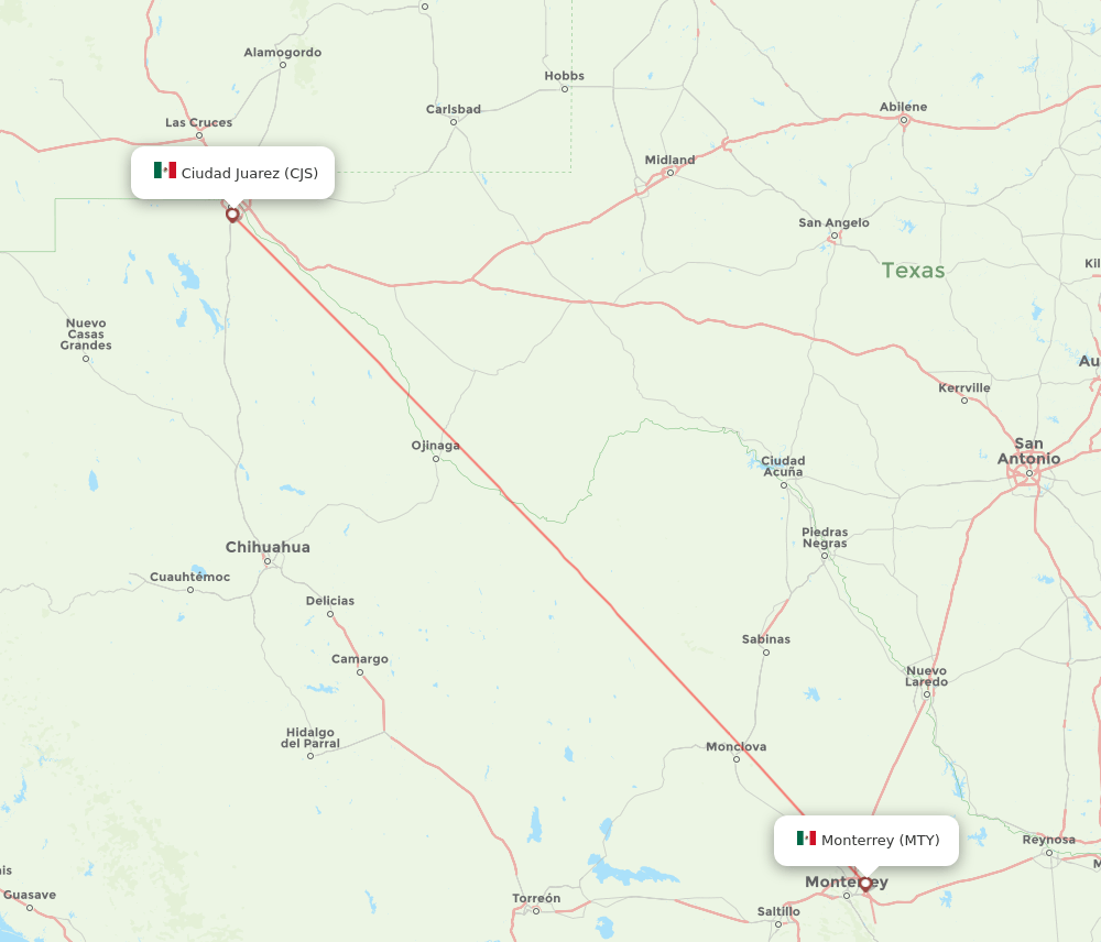 Ciudad Juarez - Monterrey route map and flight paths