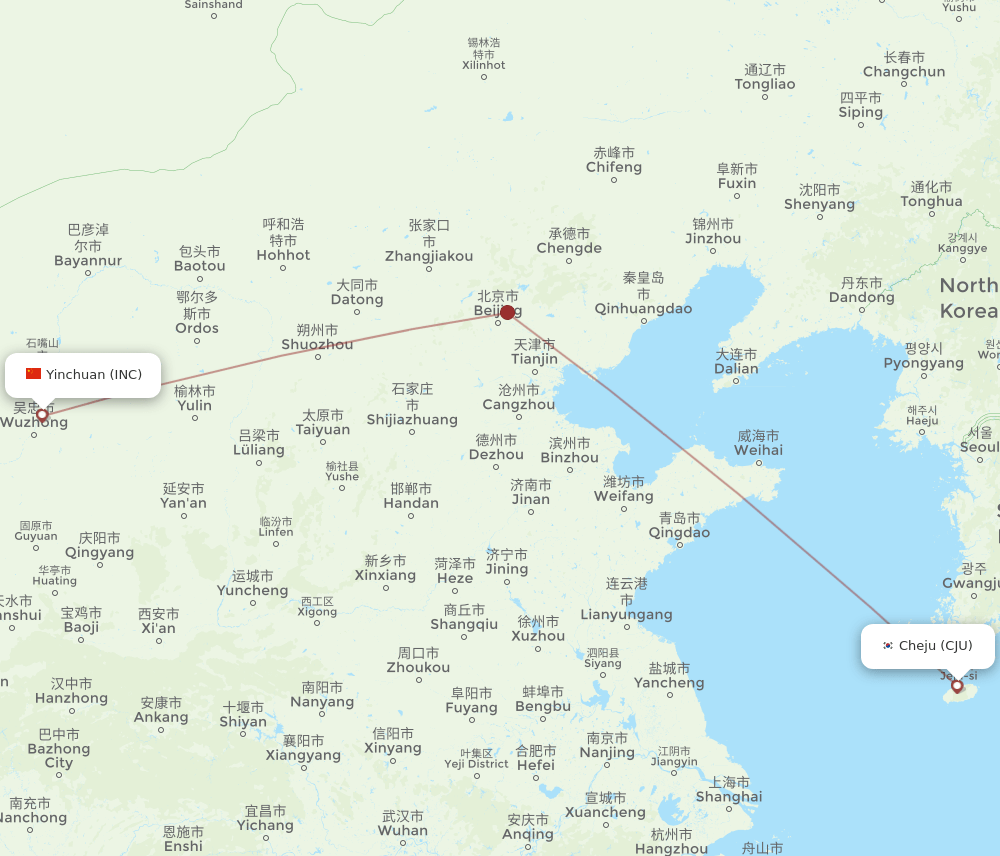 Yinchuan - Jeju route map and flight paths
